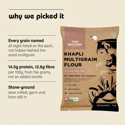 Why Purepicked chose Khapli Multigrain Atta: every grain named, 14.5g protein and 12.6g fibre, stone-ground