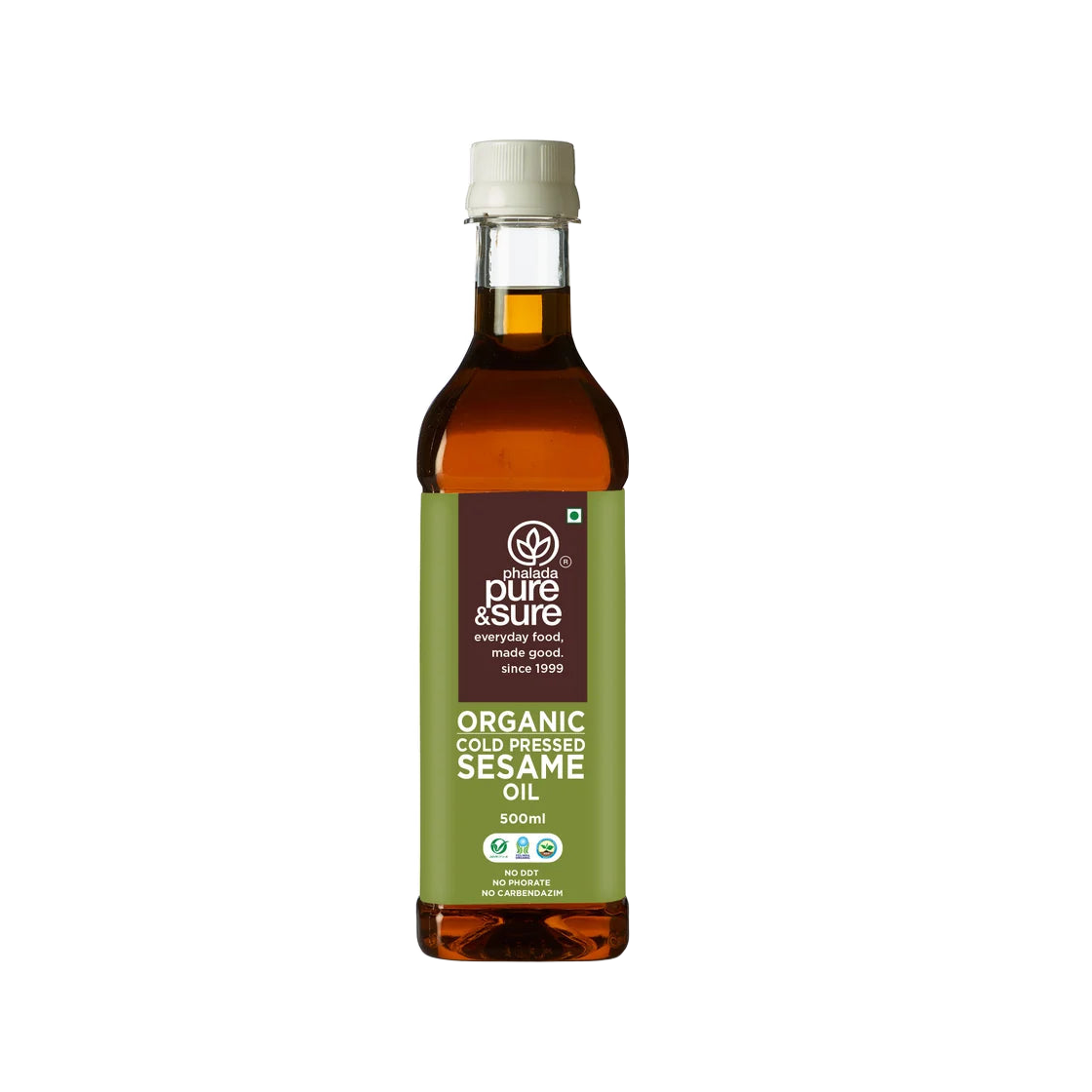 Pure & Sure cold-pressed sesame oil 500ml bottle, front of pack