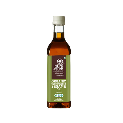 Pure & Sure cold-pressed sesame oil 500ml bottle, front of pack