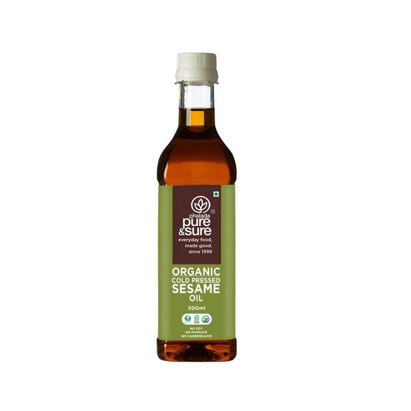 Pure & Sure cold-pressed sesame oil 500ml bottle, front of pack