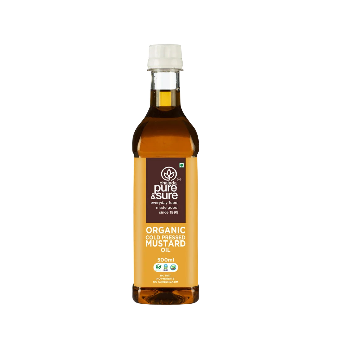 Pure & Sure cold-pressed mustard oil bottle, front of pack