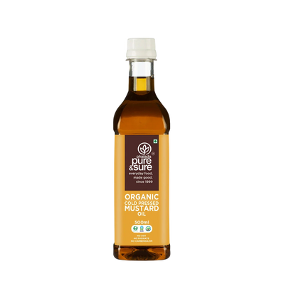 Pure & Sure cold-pressed mustard oil bottle, front of pack