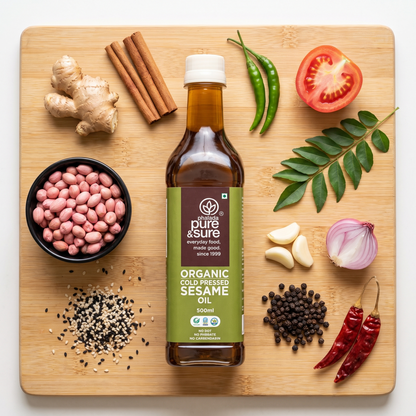Cold-pressed sesame oil bottle on a bamboo board with groundnuts, ginger, cinnamon, chillies, garlic, shallot, peppercorns and sesame seeds