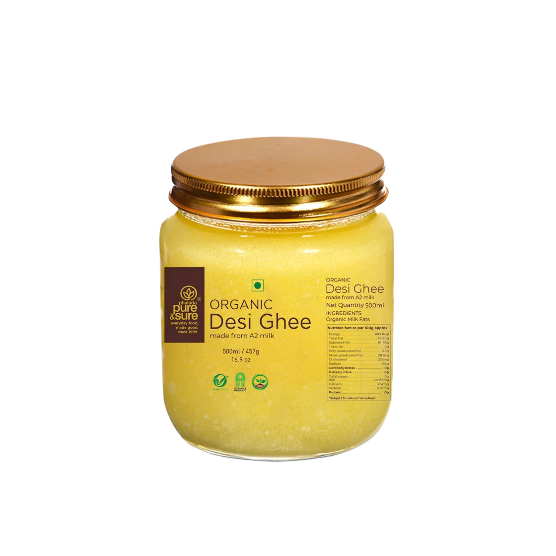 Pure & Sure organic A2 desi ghee 500ml glass jar, front of pack