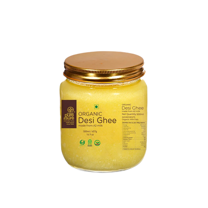 Pure & Sure organic A2 desi ghee 500ml glass jar, front of pack