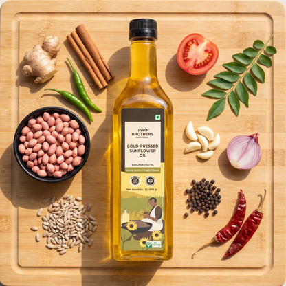 Cold-pressed sunflower oil bottle on a bamboo board with groundnuts, ginger, cinnamon, chillies, garlic, shallot and peppercorns
