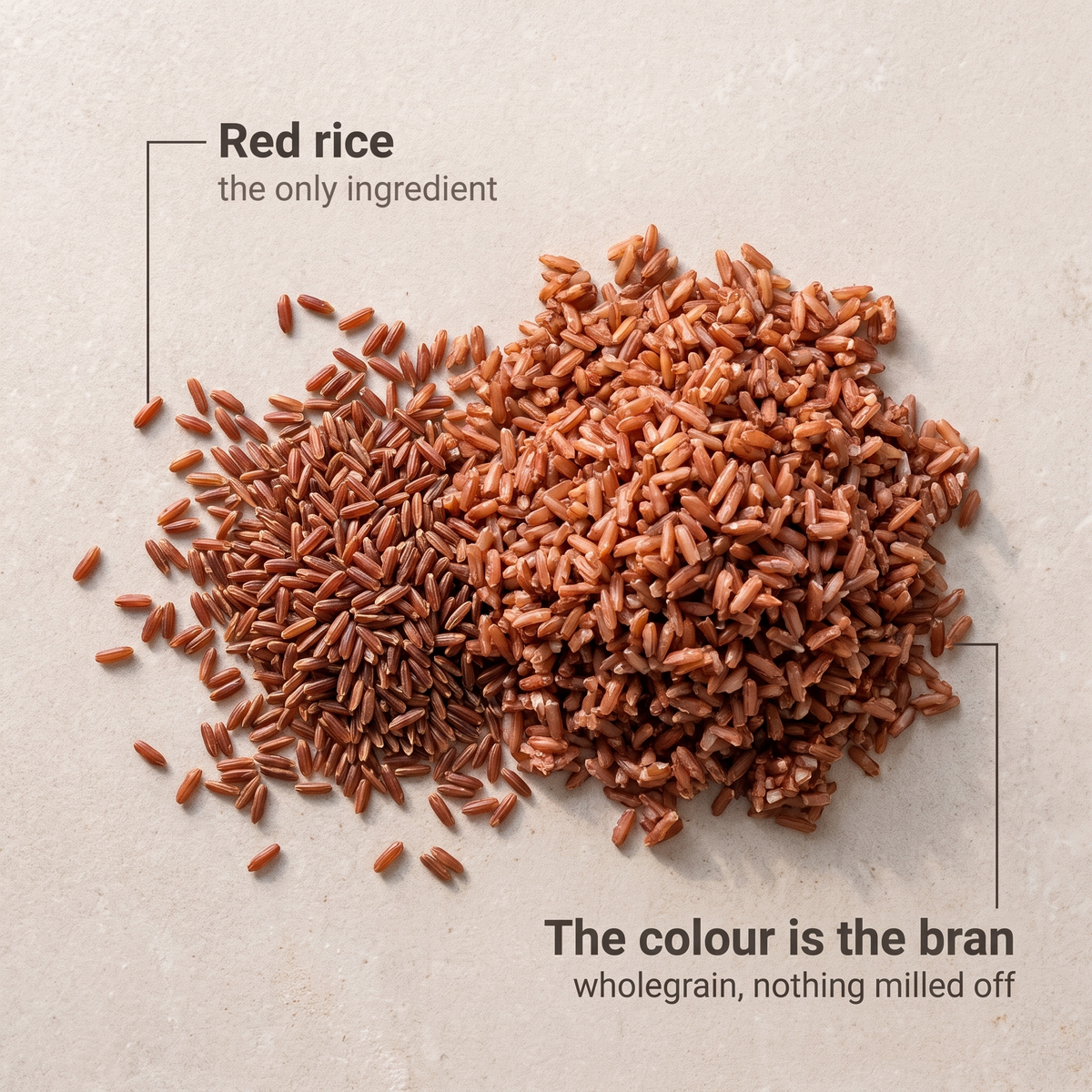 Red rice raw and cooked, the colour is the bran