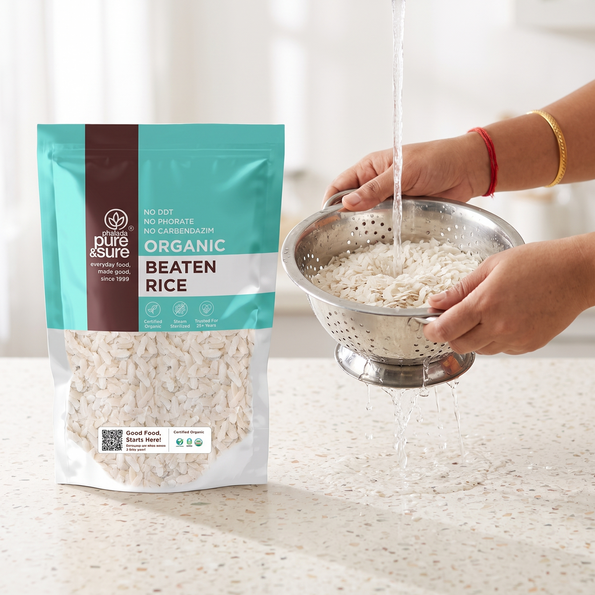 Rinsing poha flakes