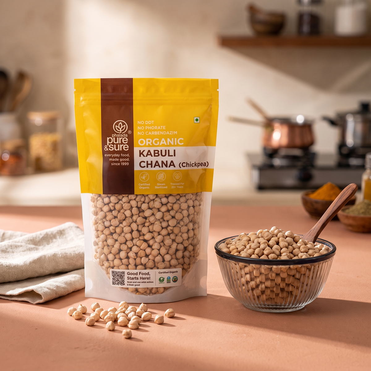 Kabuli chana pack on a kitchen counter