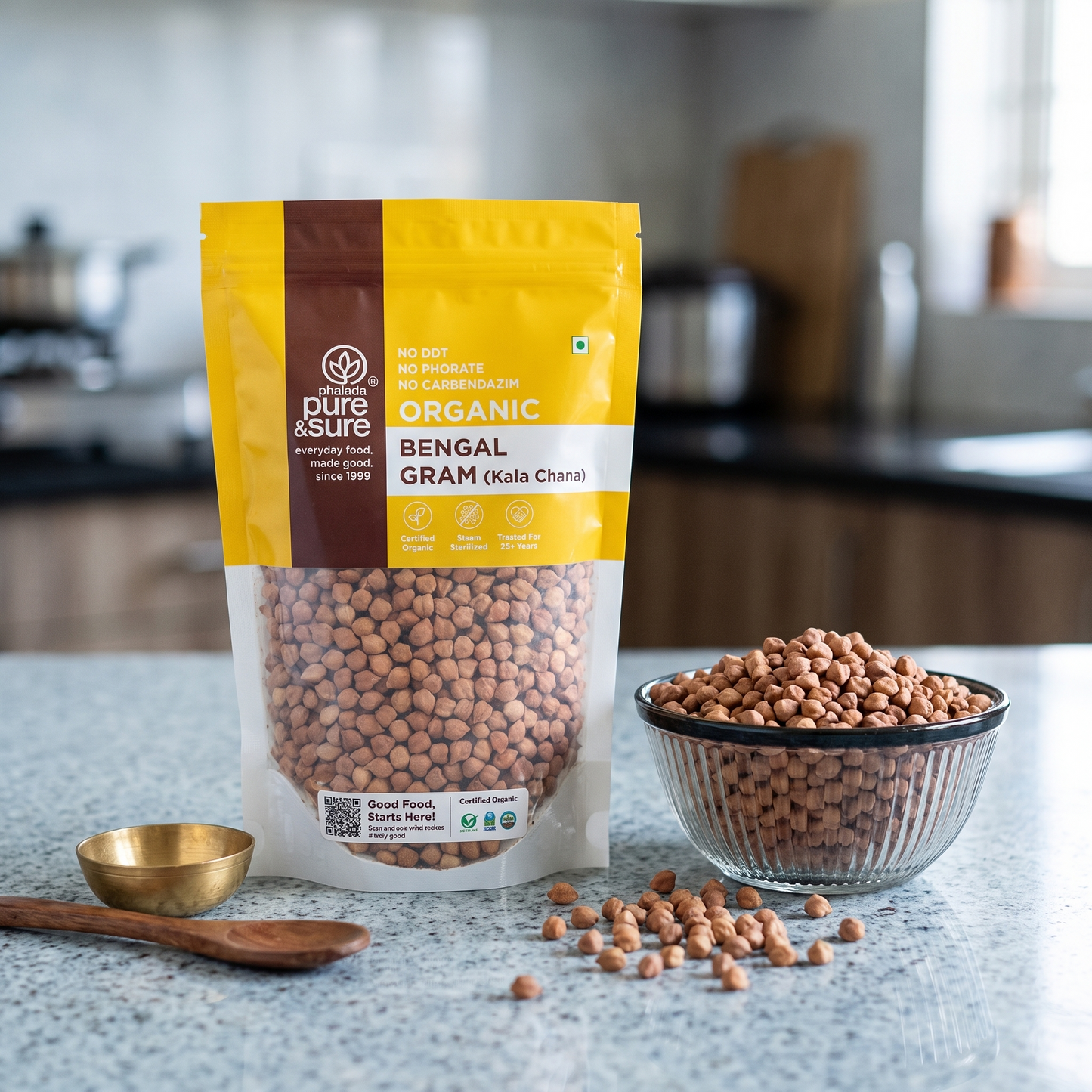 Kala chana pack on a kitchen counter