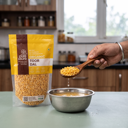 Lifting soaked toor dal with a wooden spoon