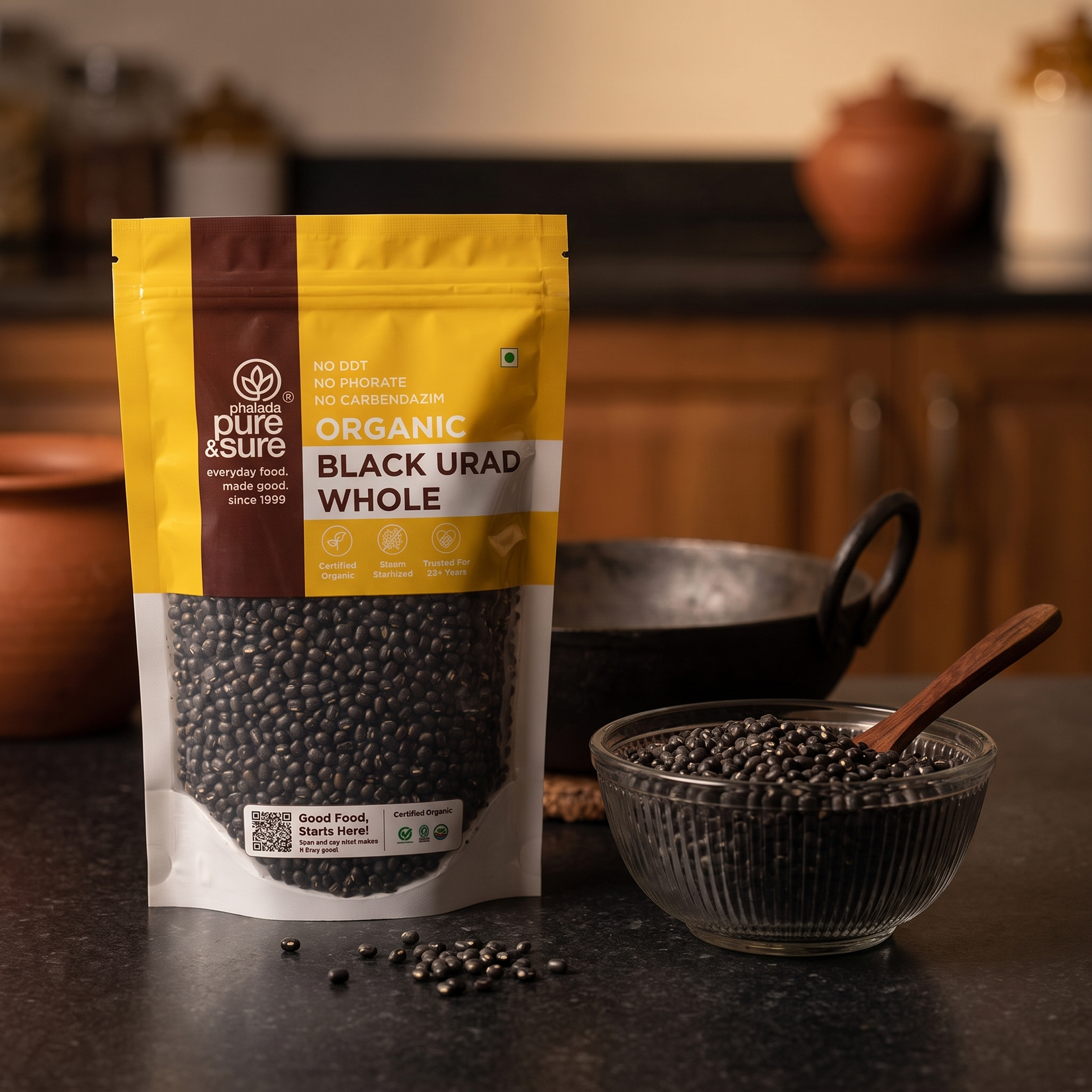 Black urad whole pack on a kitchen counter