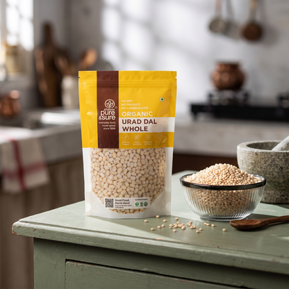White urad whole pack on a kitchen counter