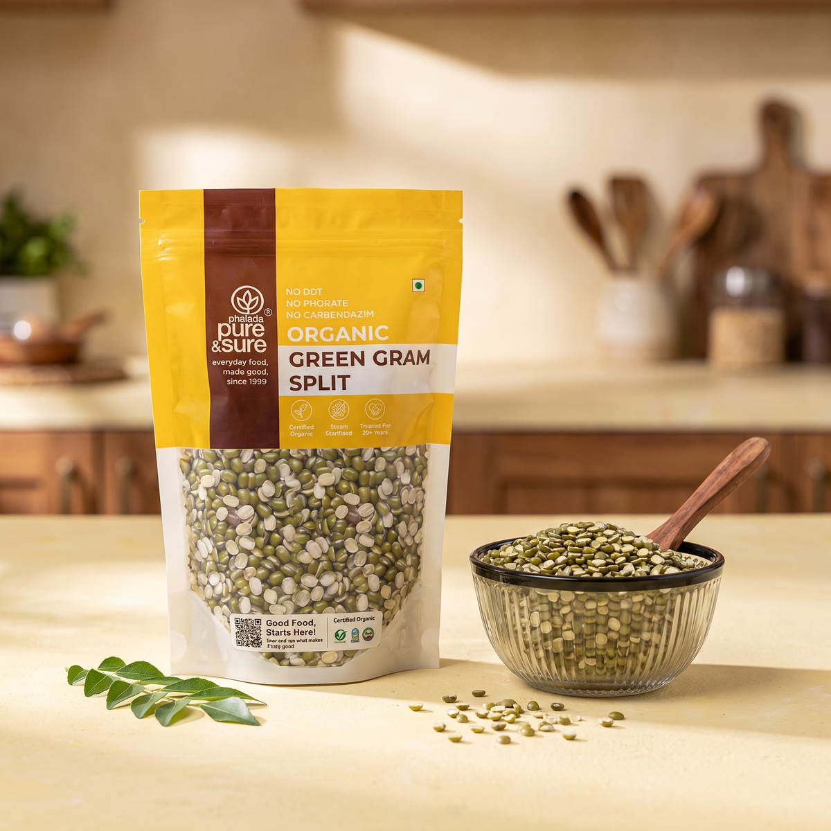 Moong chilka pack on a kitchen counter