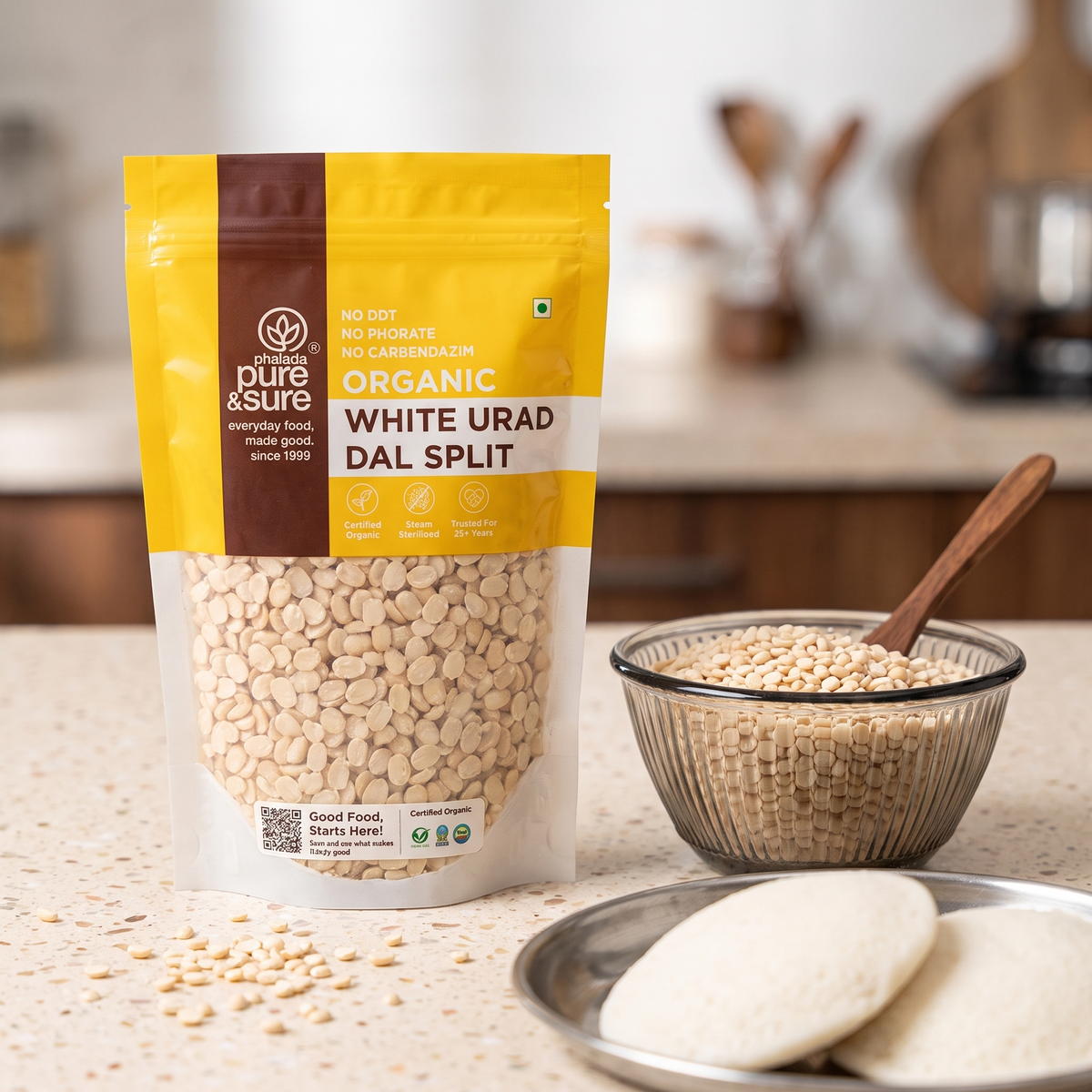 White urad split pack on a kitchen counter