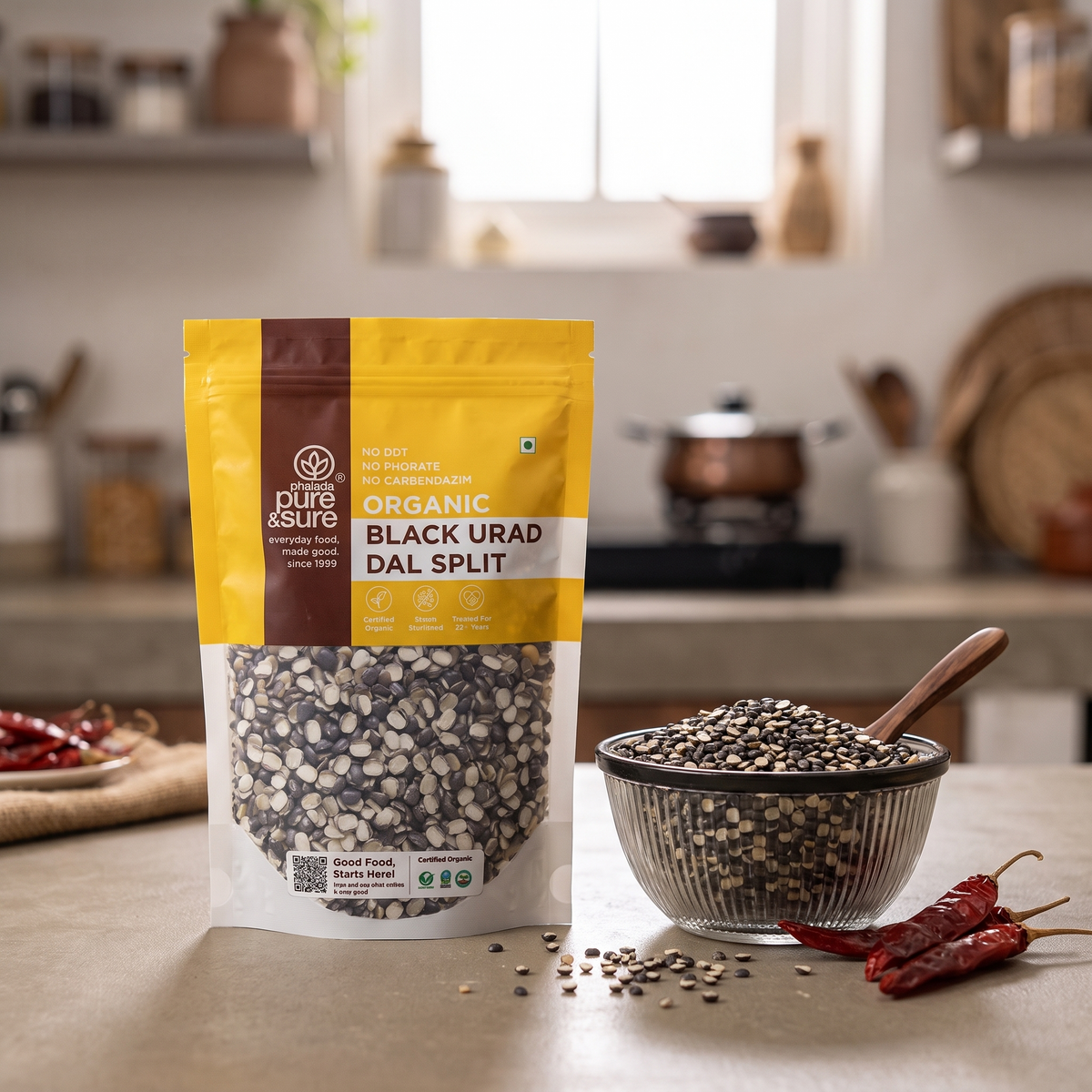 Black urad split pack on a kitchen counter