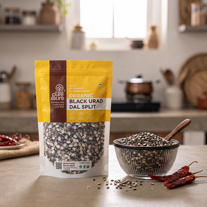 Black urad split pack on a kitchen counter