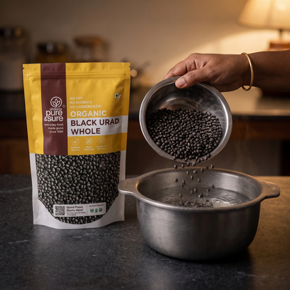Tipping black urad into a pot to soak