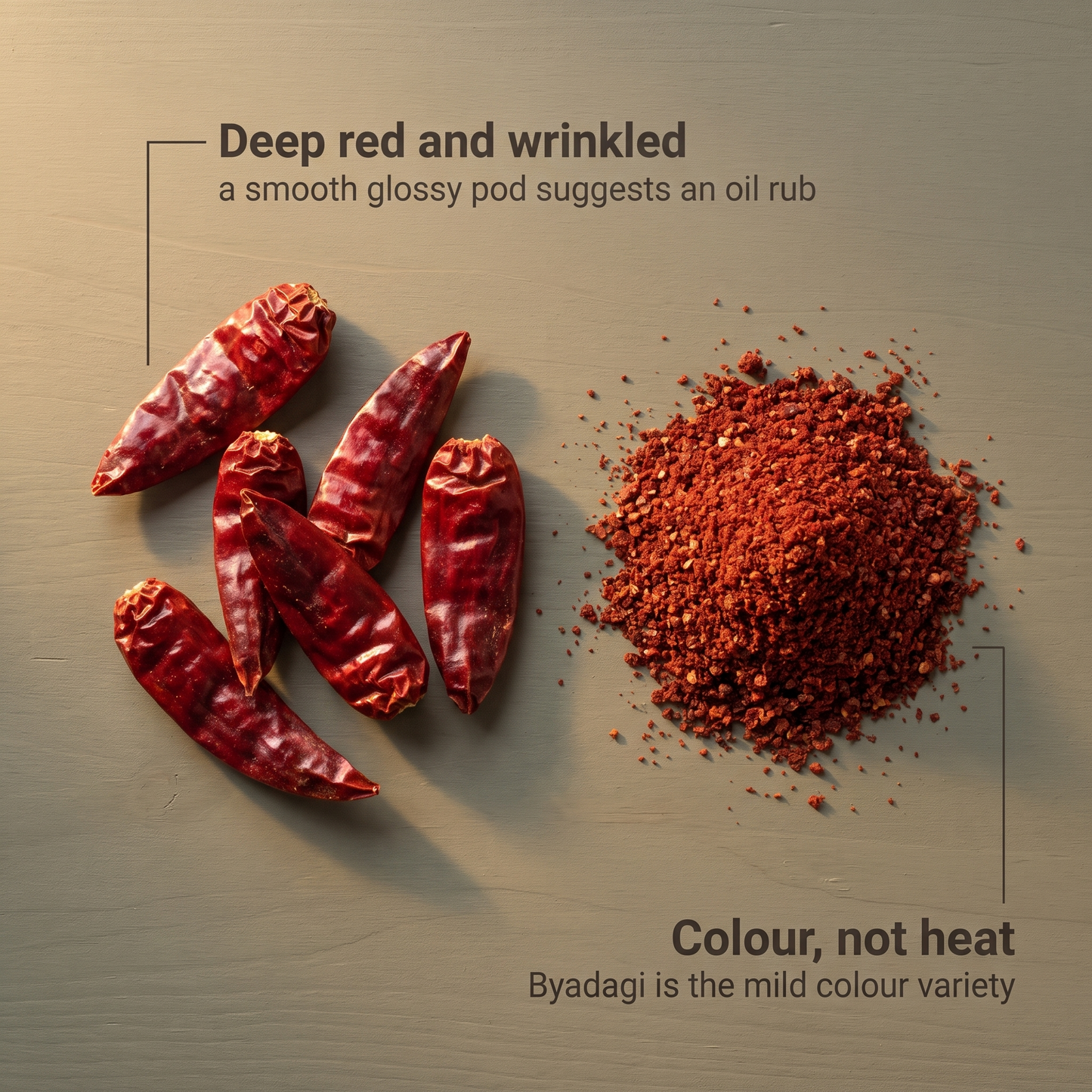 Byadagi chilli pods, deep red and heavily wrinkled