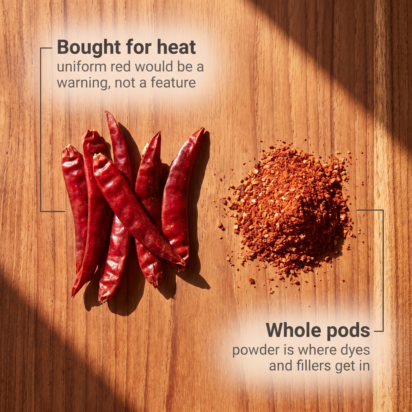 Guntur chilli pods, long slim and sharp red