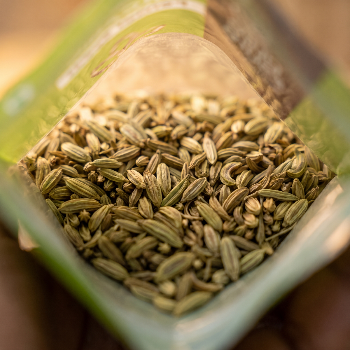 Looking into the pack at whole fennel seed