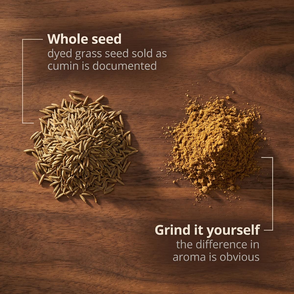 Whole cumin seed beside freshly ground cumin