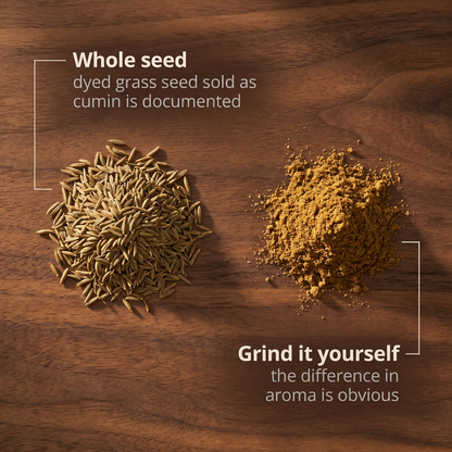 Whole cumin seed beside freshly ground cumin