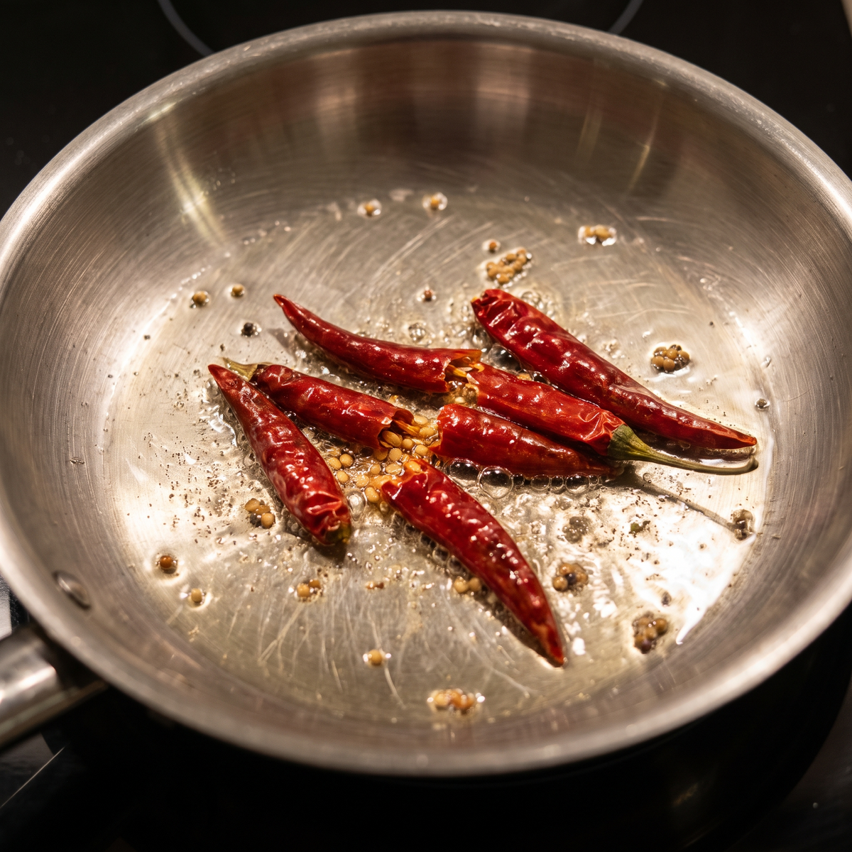 Guntur chilli blooming in hot oil with mustard seeds