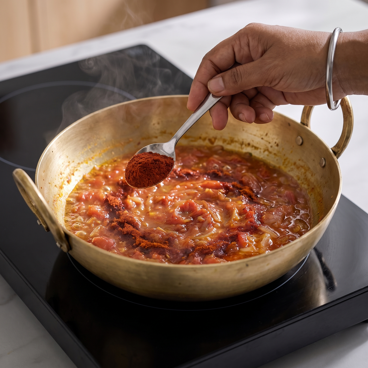 Chilli powder stirred into a simmering curry base
