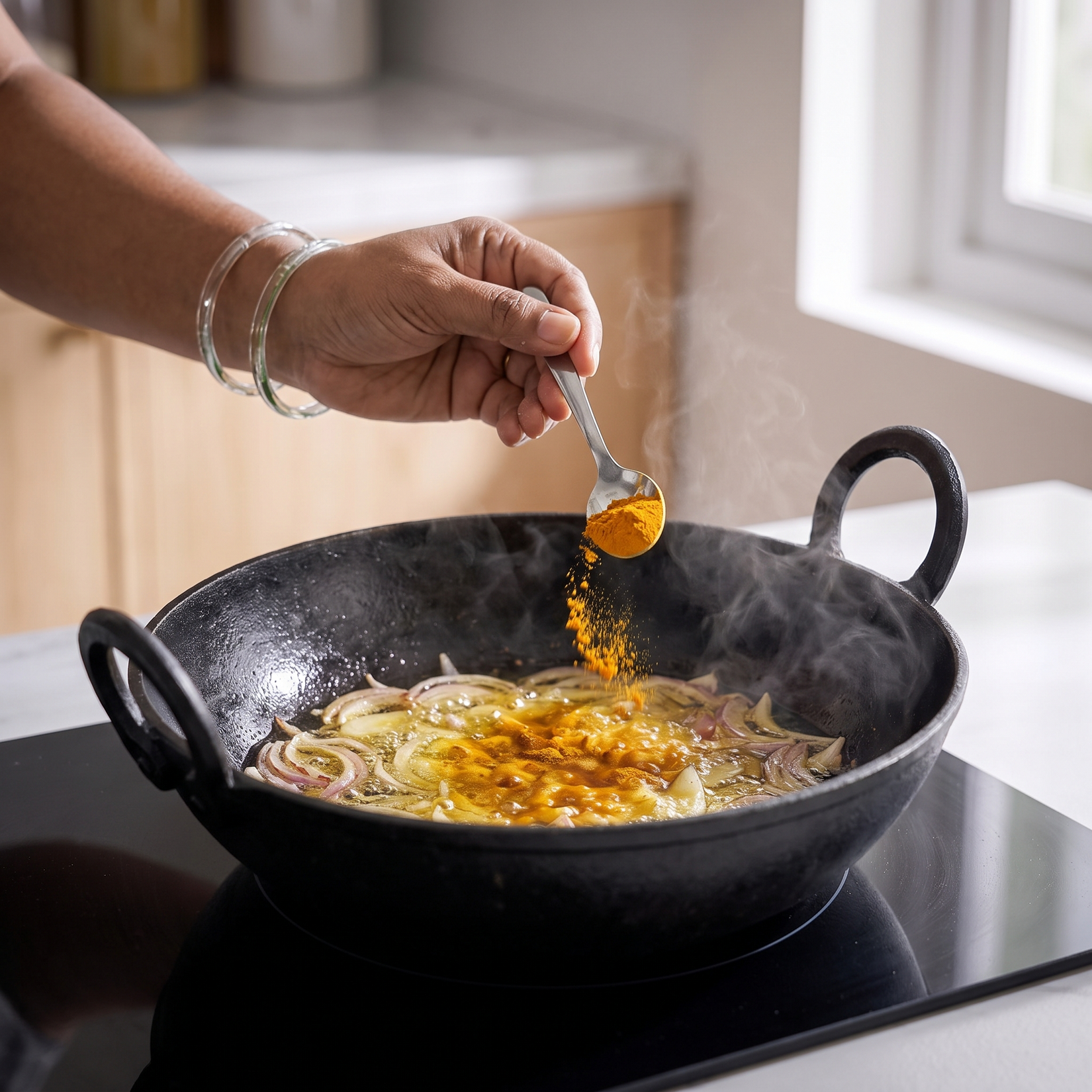 Turmeric powder added to onions in hot oil in a kadhai