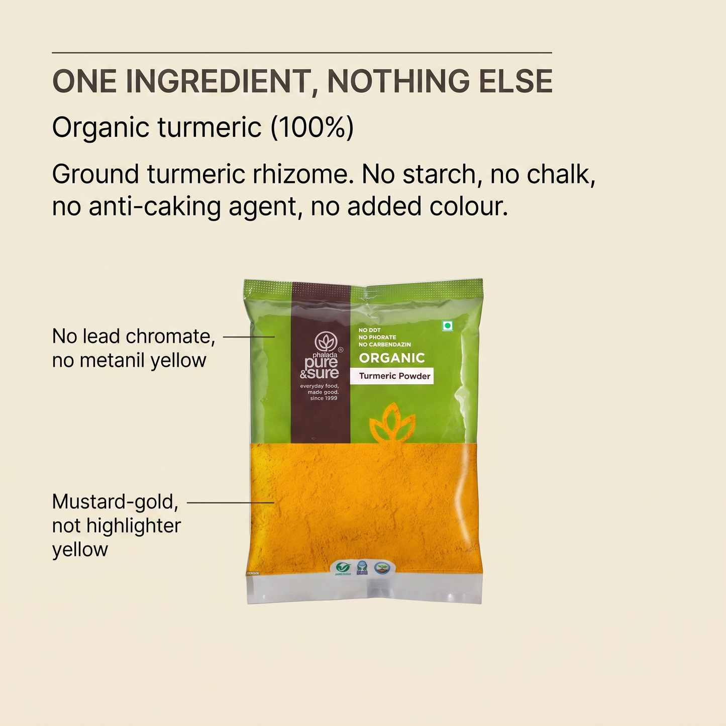 One ingredient: organic turmeric, no starch, chalk or added colour