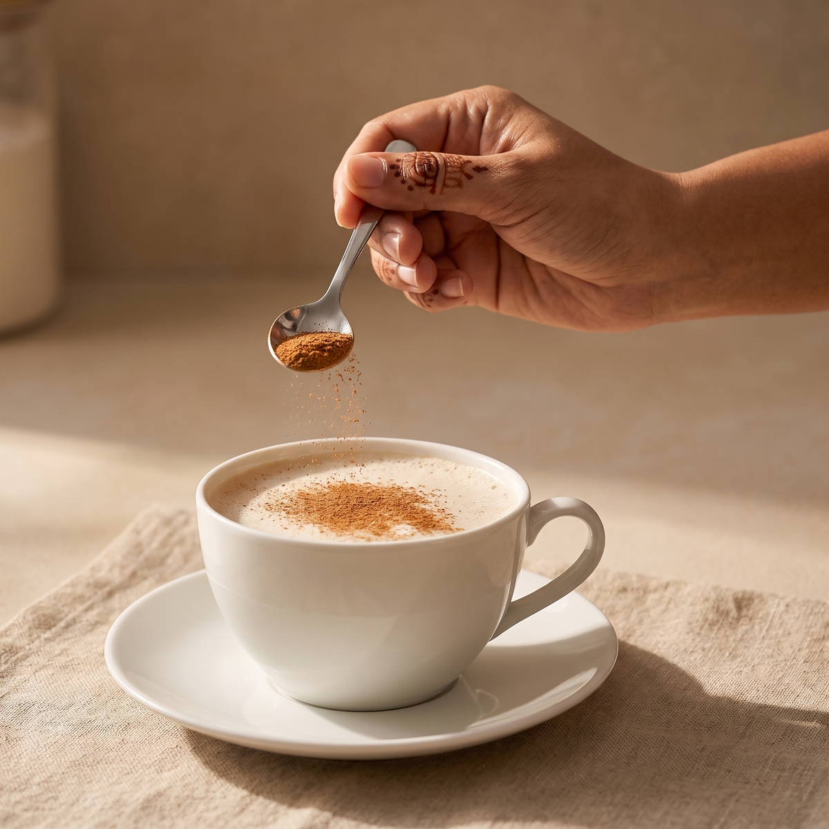 Cinnamon powder dusted over a cup of chai