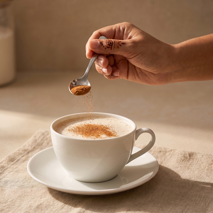 Cinnamon powder dusted over a cup of chai