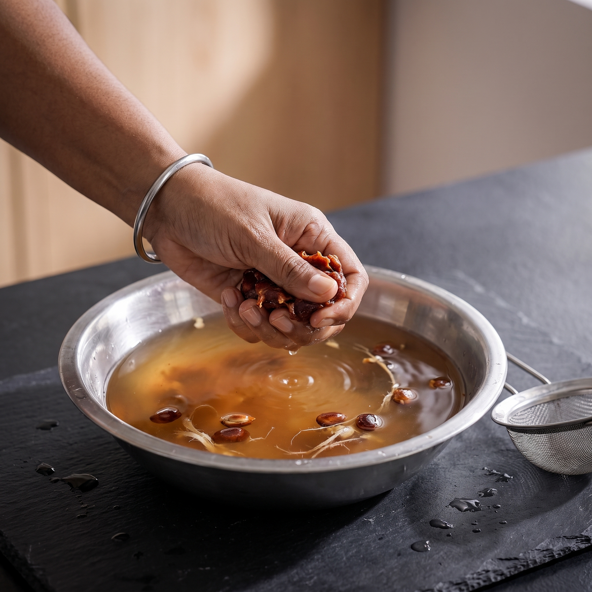 Tamarind soaked and squeezed in warm water before straining