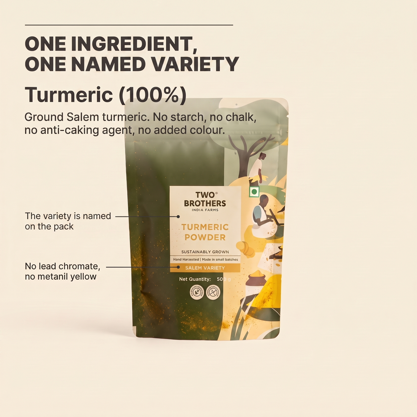 One ingredient: turmeric, with the variety named on the pack
