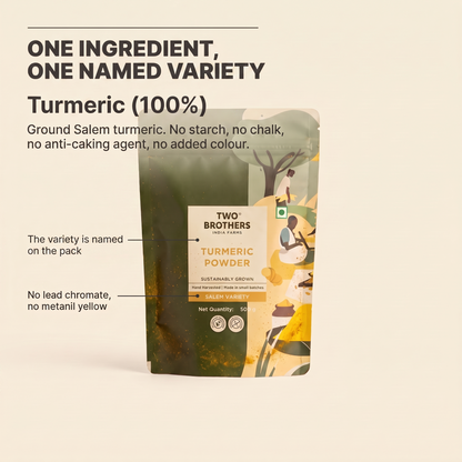 One ingredient: turmeric, with the variety named on the pack