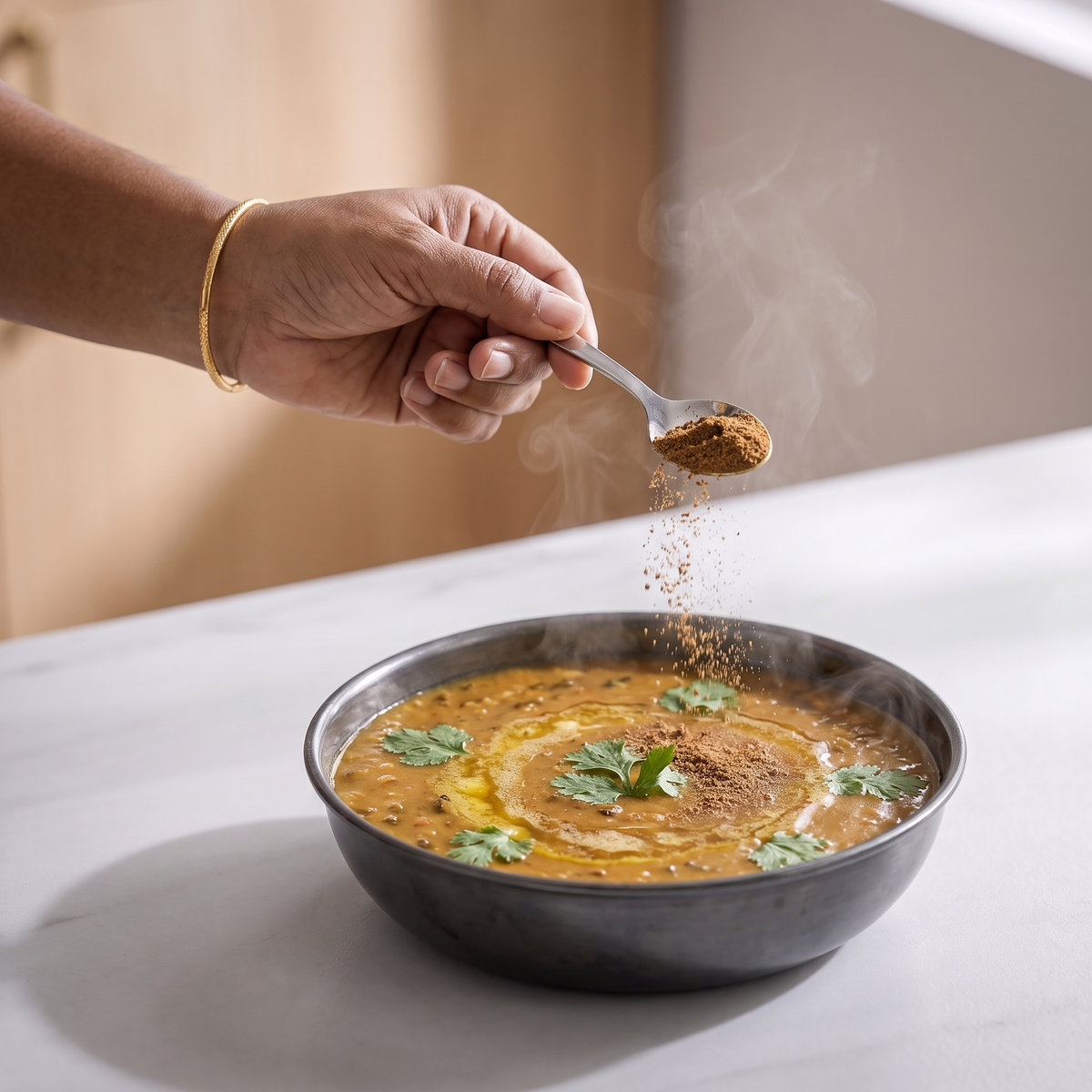 Garam masala sprinkled over a finished dal