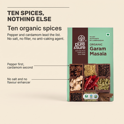 Ten organic spices, no salt and no anti-caking agent
