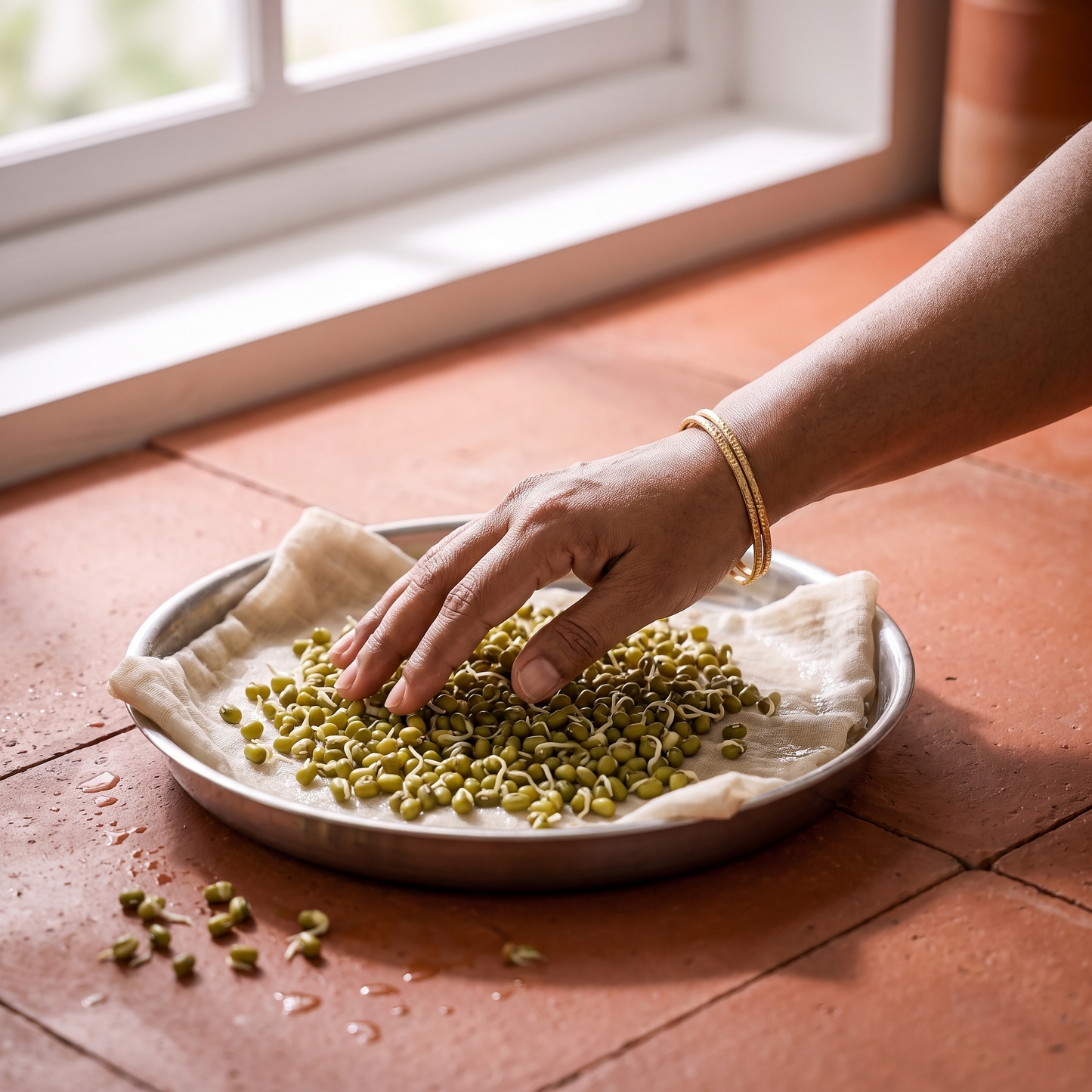 Sorting whole green gram before cooking