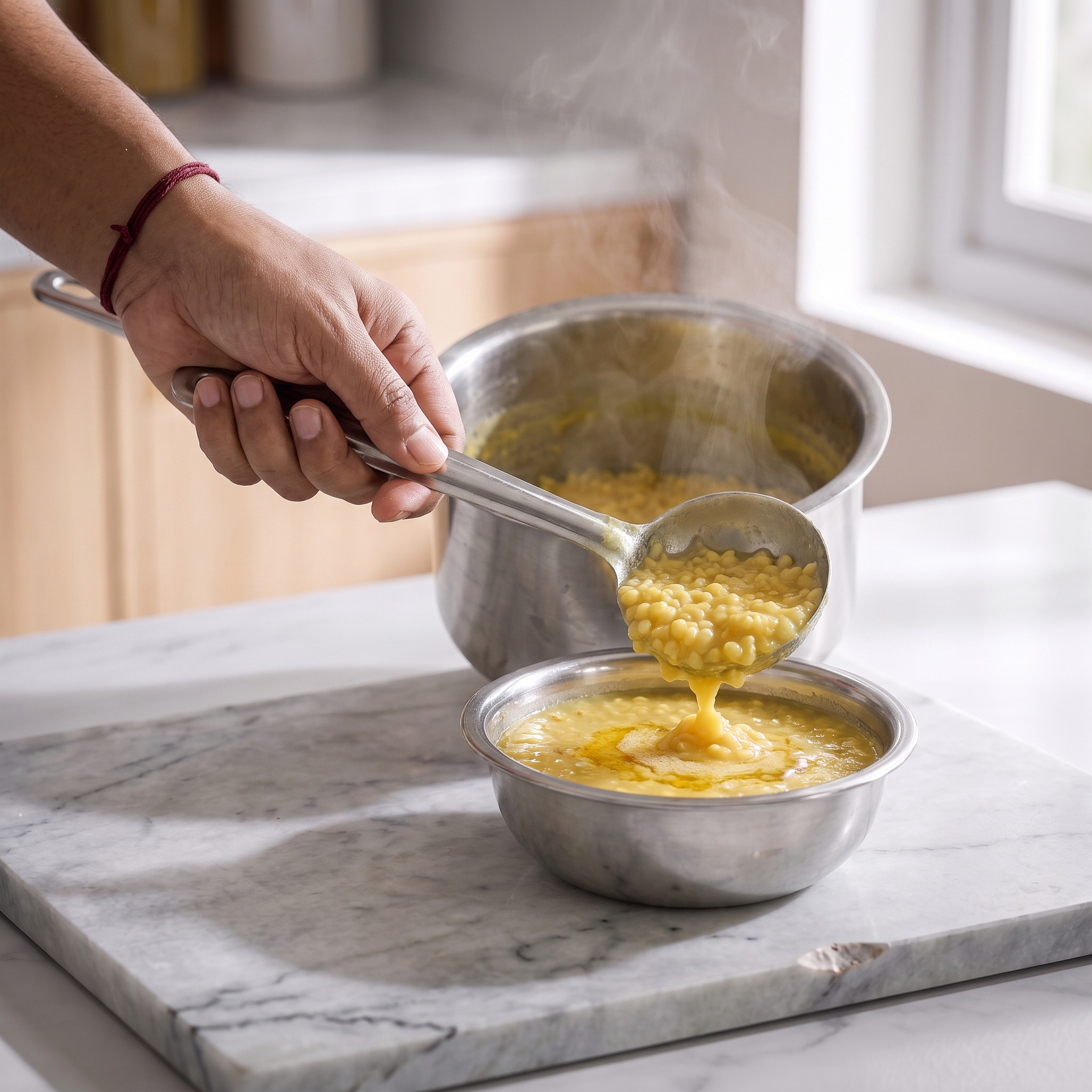 Pouring cooked moong dal into a bowl