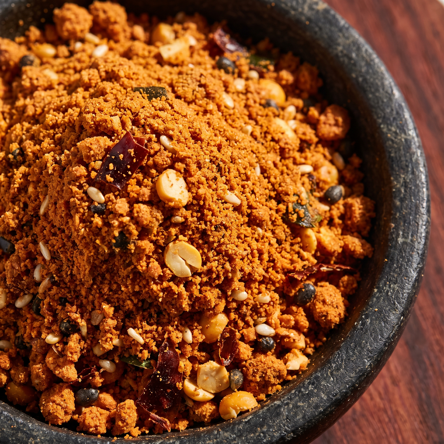 Close-up of the coarse rust-orange chutney podi texture