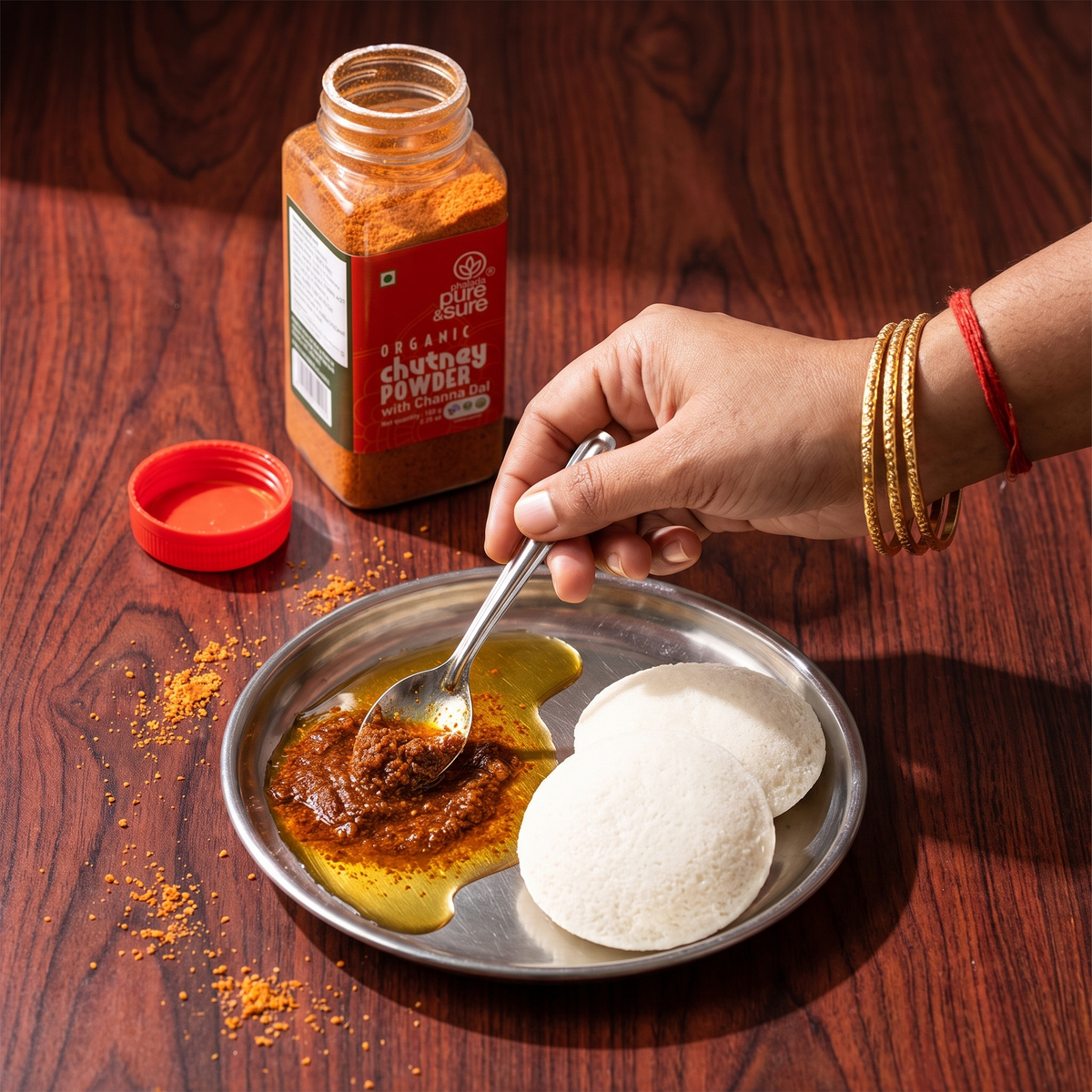 Stirring chutney podi into sesame oil beside idli