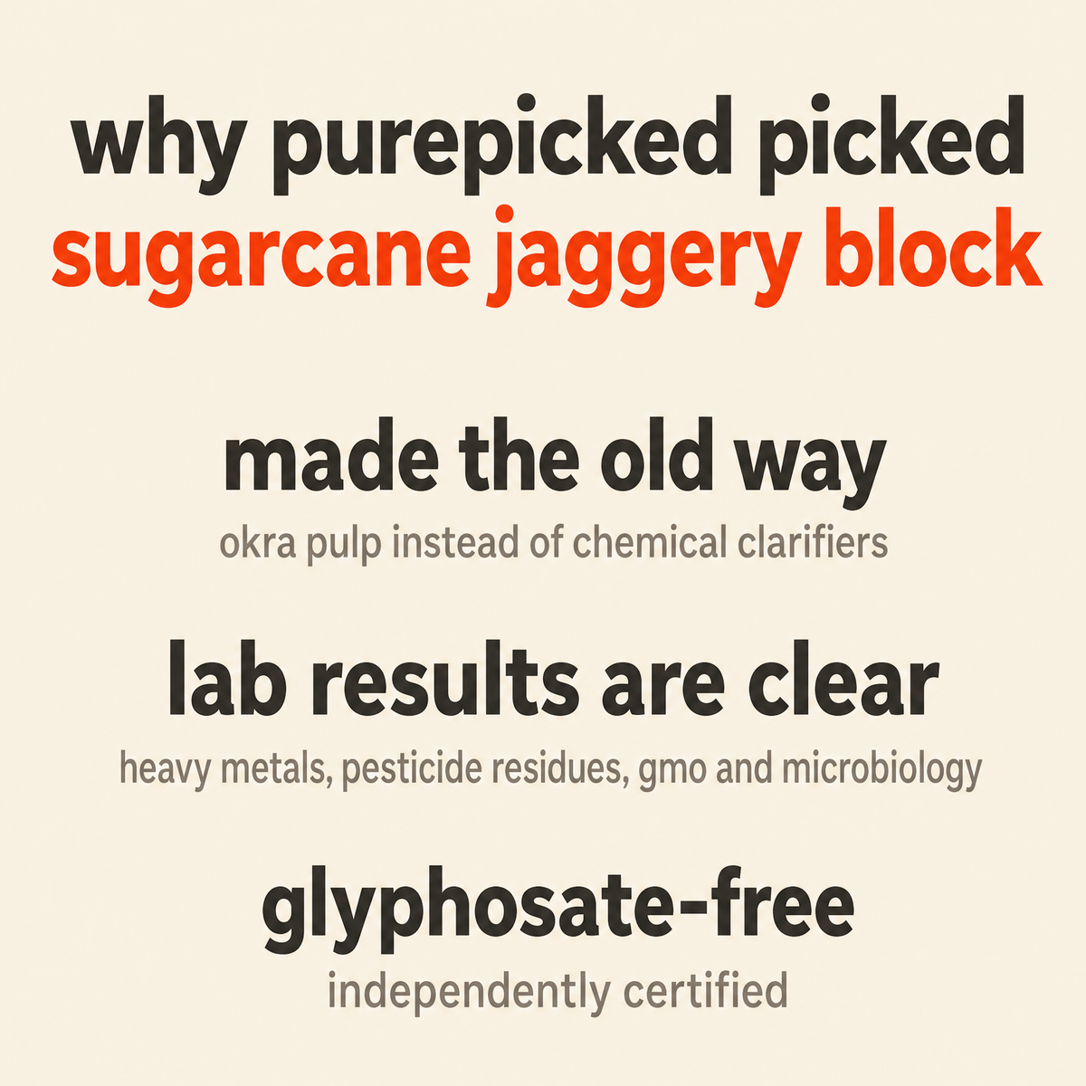 Why Purepicked chose Sugarcane Jaggery Block: made the old way, lab results are clear, glyphosate-free