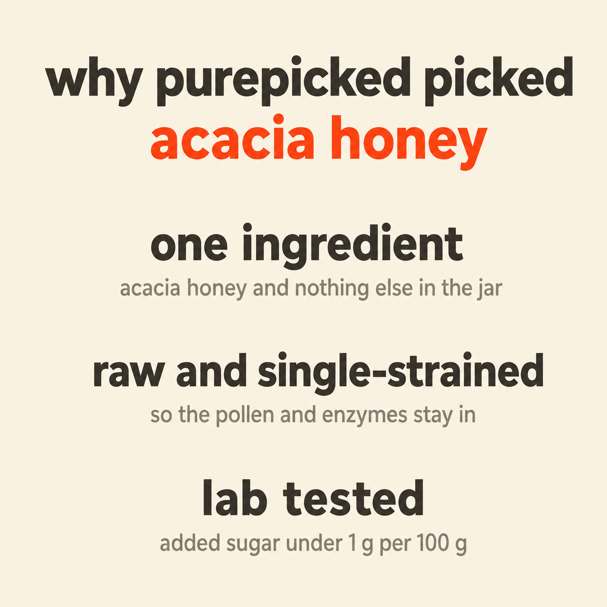 Why Purepicked chose Acacia Honey, Raw Mono-Floral Unfiltered: one ingredient, raw and single-strained, lab tested