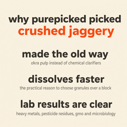 Why Purepicked chose Sugarcane Jaggery, Crushed Granular: made the old way, dissolves faster, lab results are clear