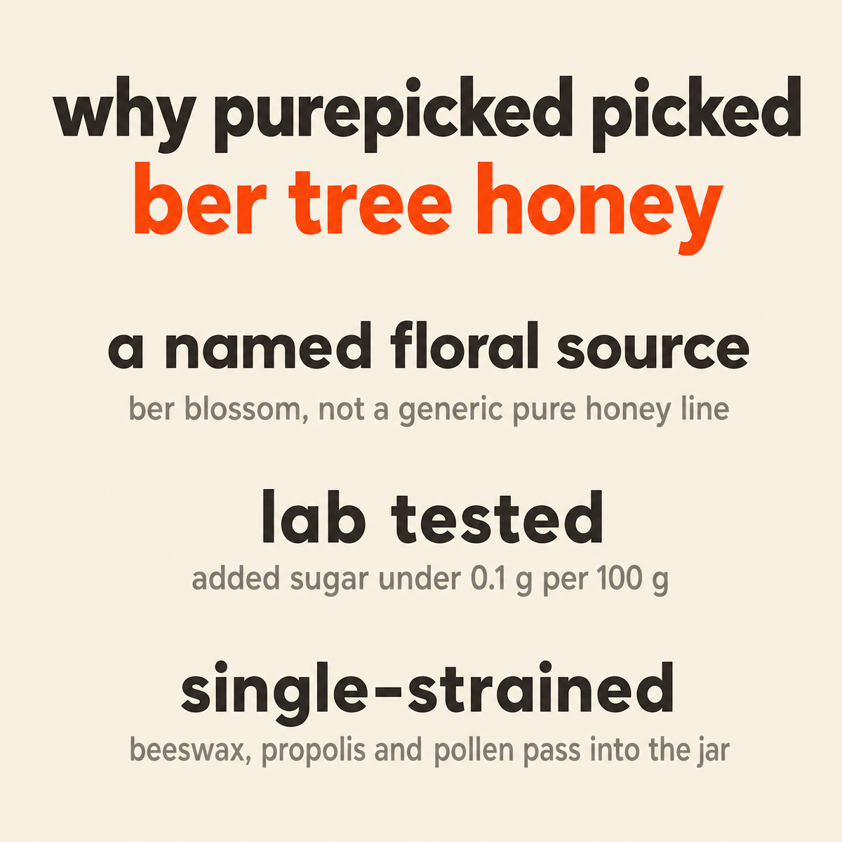 Why Purepicked chose Ber Tree Honey, Raw Mono-Floral Unfiltered: a named floral source, lab tested, single-strained