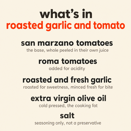 What is in Roasted Garlic & Tomato: San Marzano tomatoes, Roma tomatoes, roasted and fresh garlic, extra virgin olive oil, and salt