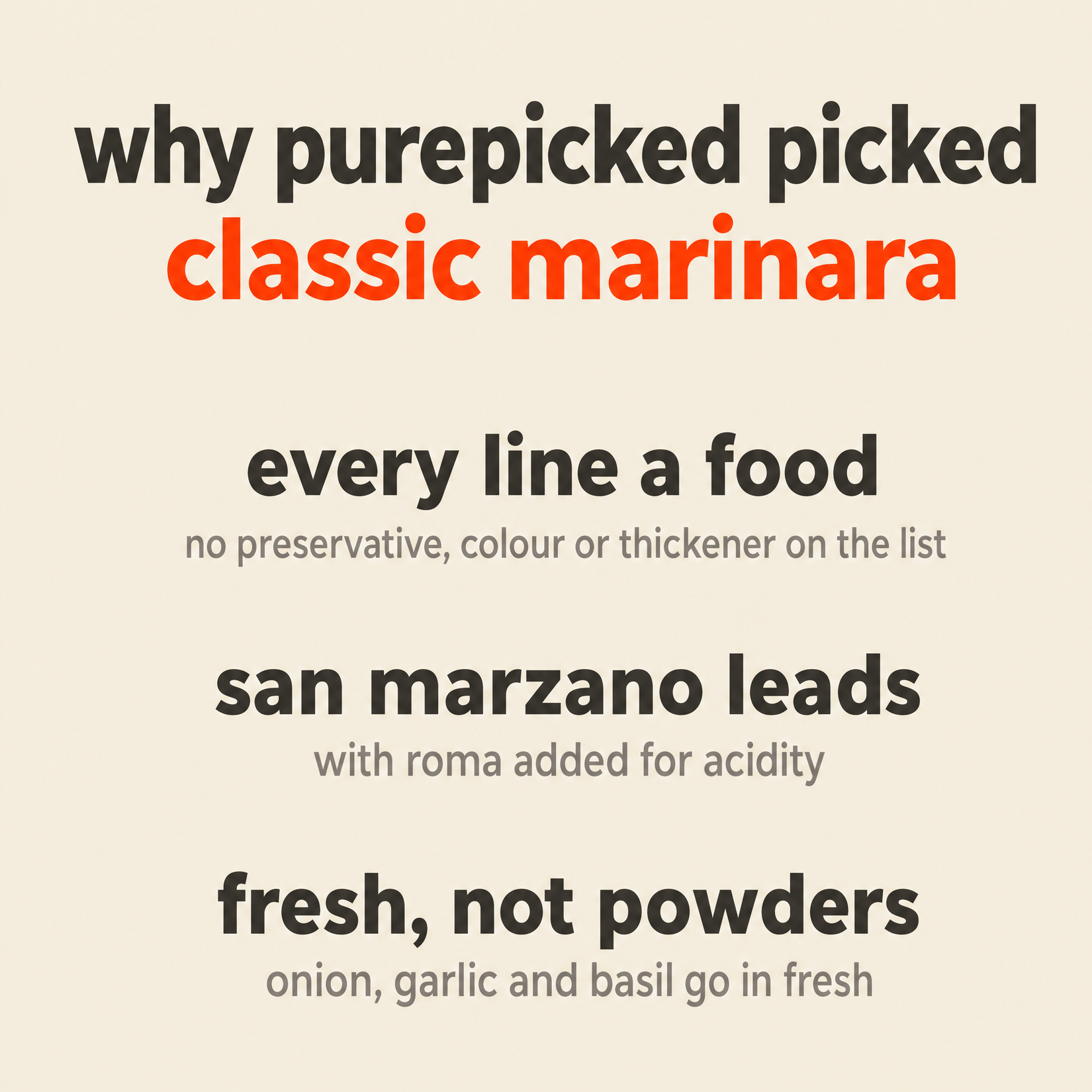 Why Purepicked chose Classic Marinara: every line on the list is a food, San Marzano leads the tomatoes, and the aromatics go in fresh rather than as powders