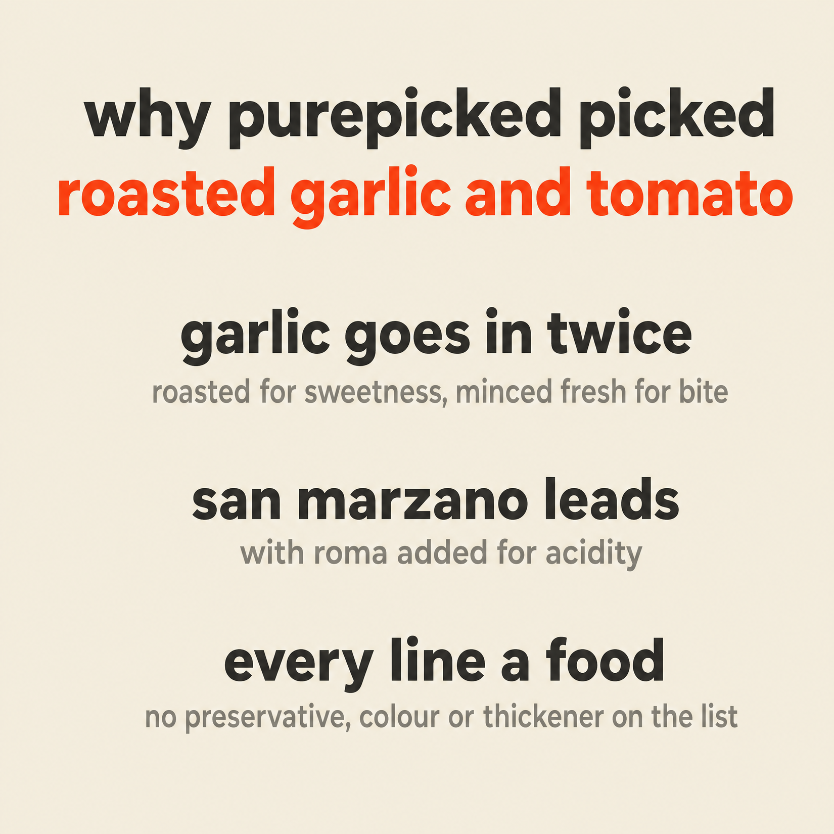 Why Purepicked chose Roasted Garlic & Tomato: the garlic goes in twice, San Marzano leads the tomatoes, and every line on the list is a food