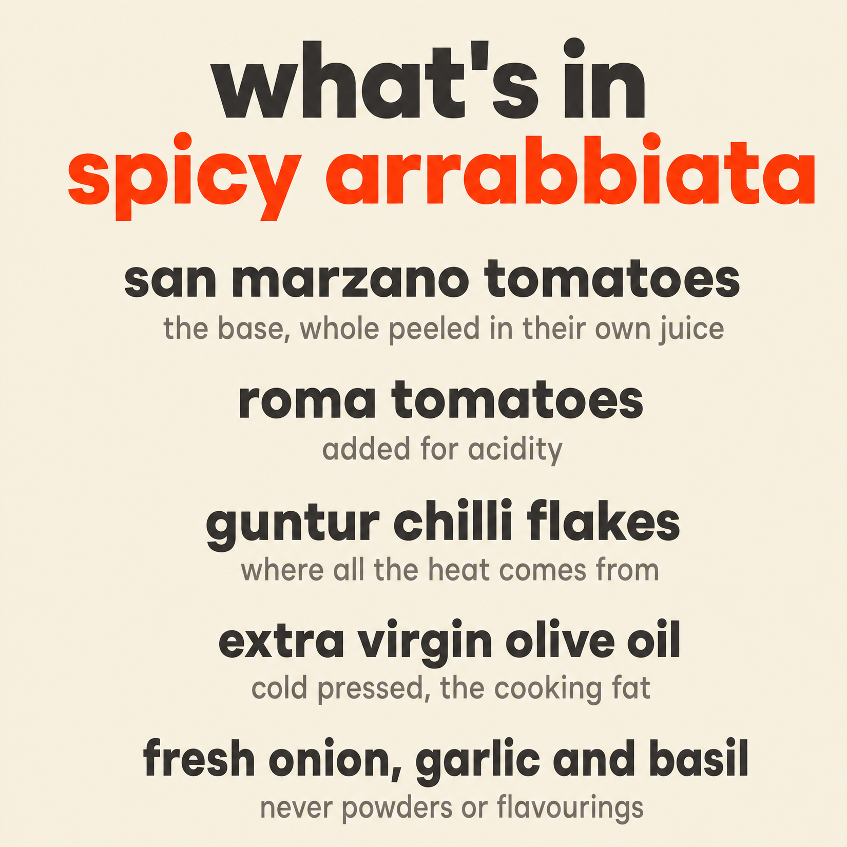 What is in Spicy Arrabbiata: San Marzano tomatoes, Roma tomatoes, Guntur chilli flakes, extra virgin olive oil, and fresh onion, garlic and basil
